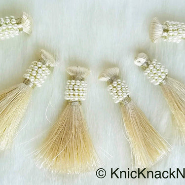 Various Colours Tassels With White Pearls Beads, Tassel Charms, Nylon Tassels x 6